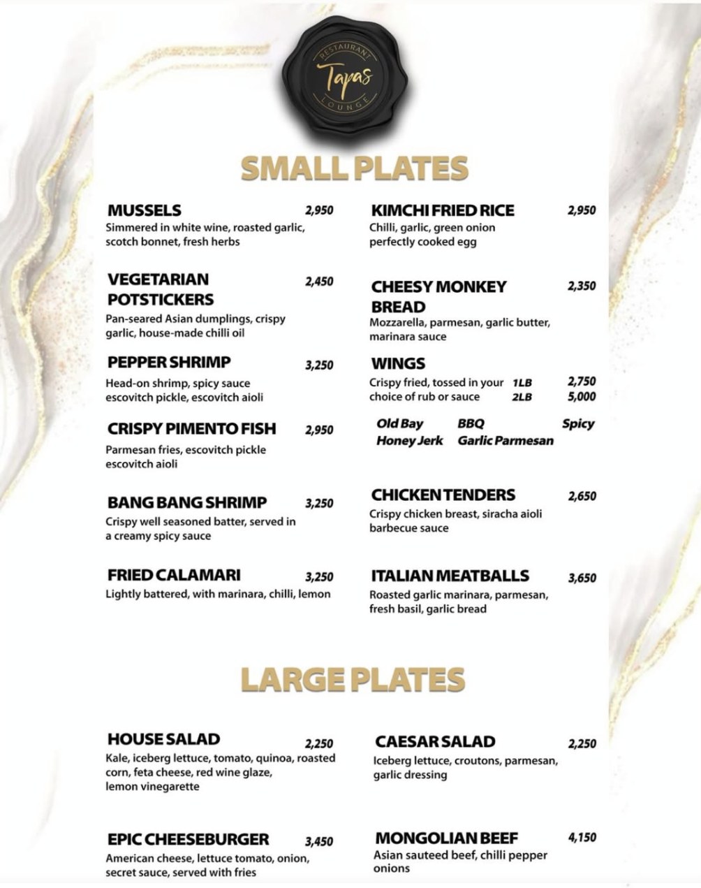 Menu page: small plates and the start of the large plates, with the Tapas Restaurant Lounge seal at the top.