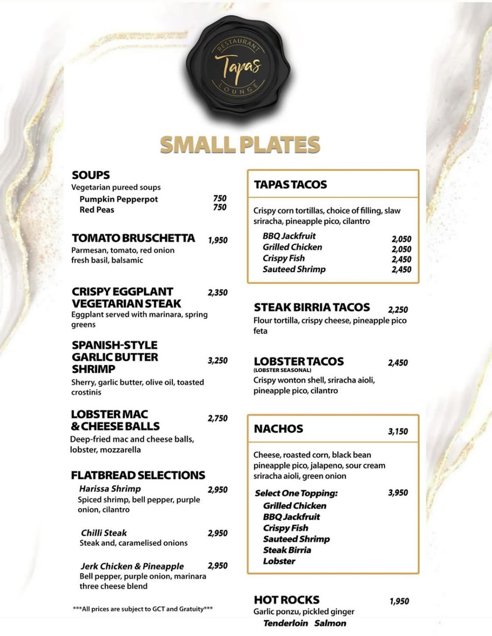 Menu page: more small plates including soups, flatbreads, tapas tacos and nachos.