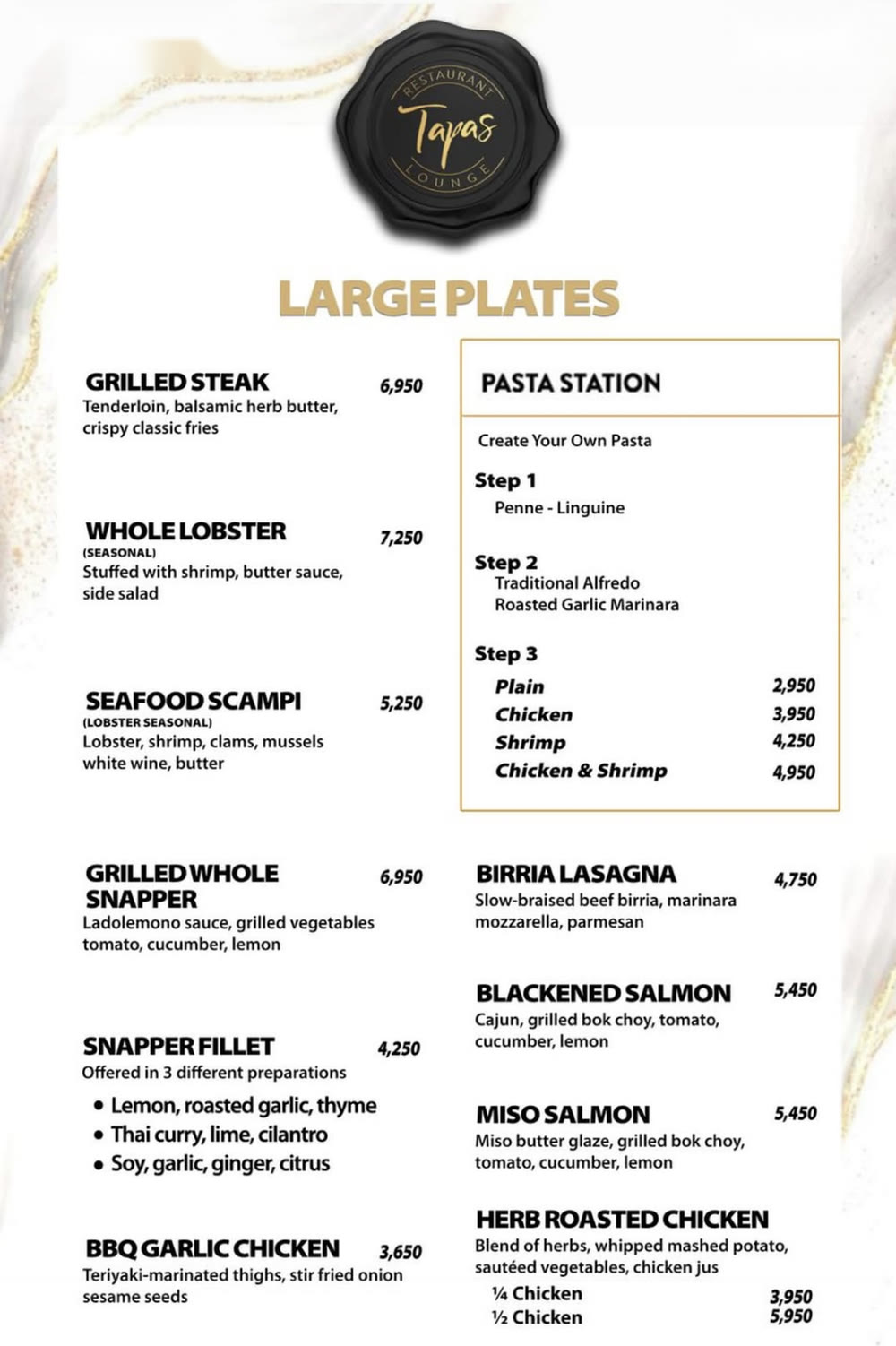 Menu page: large plates, steak, lobster, snapper, salmon, lasagna, and the build-your-own Pasta Station.