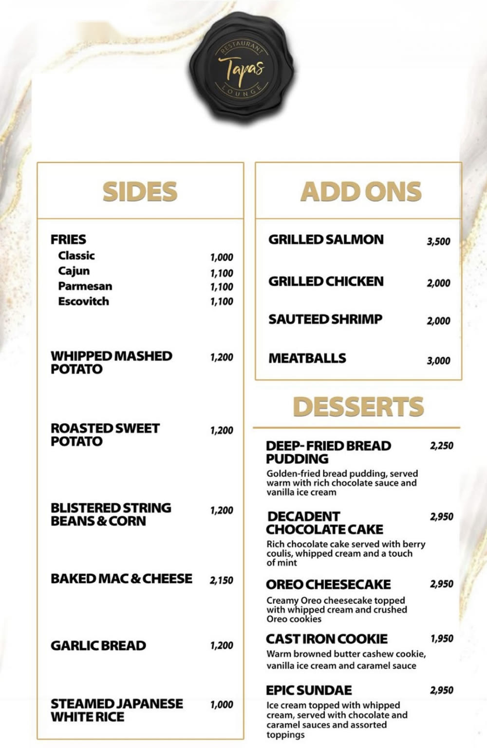 Menu page: sides, add ons and desserts.