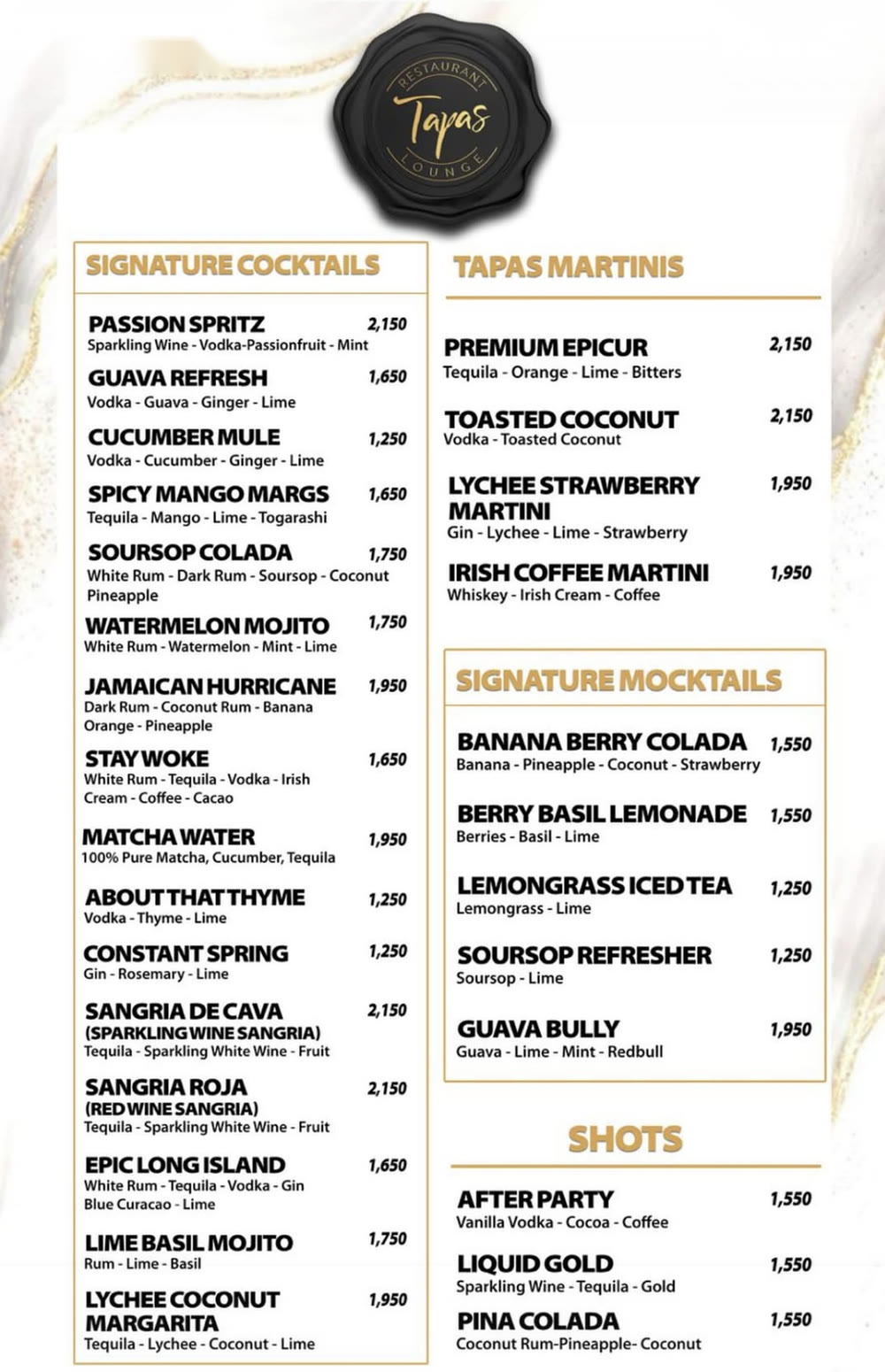 Menu page: signature cocktails, tapas martinis, signature mocktails and shots.